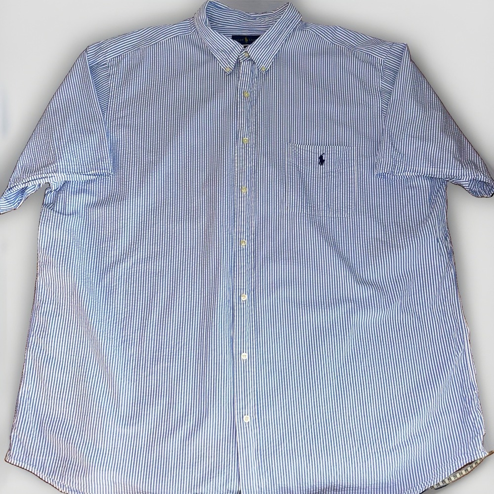 Ralph Lauren Seersucker Blue & White Striped Button Down Short Sleeve Shirt 3XLT
